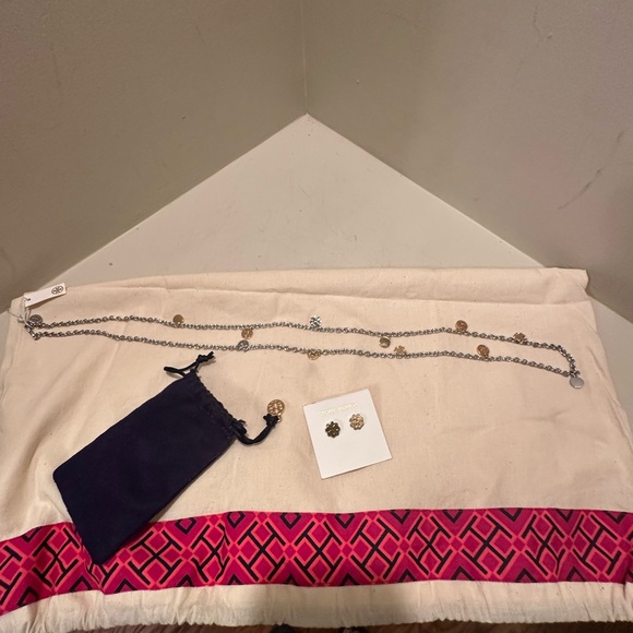 Tory Burch Silver/Gold Logo Necklace and Earrings - Picture 5 of 8